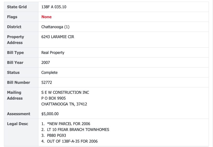 The 2007 county tax bill: the lot still belonged to the builder, S E W Construction, and was taxed as bare land ($5,000 assessed)